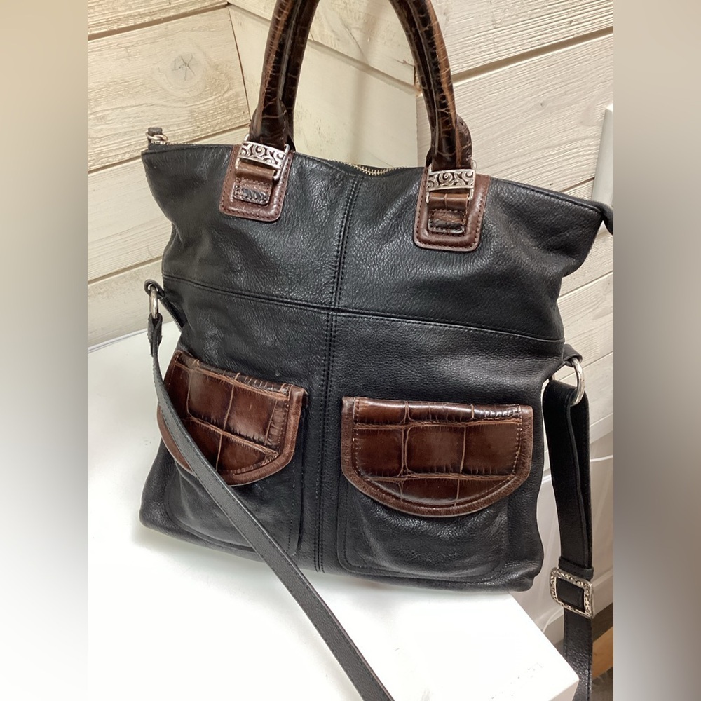 Brighton Black & Brown Leather Tote Bag with Silver Hardware - Picture 1 of 8